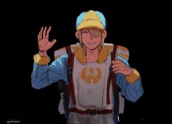 Rule 34 | 1boy, backpack, bag, black background, blonde hair, blue jumpsuit, brown bag, closed eyes, commentary request, fur-trimmed jumpsuit, fur trim, ginkgo guild uniform, grey eyes, hair over one eye, hat, jumpsuit, long hair, looking at viewer, male focus, multicolored hat, nintendo, pokemon, pokemon legends: arceus, sara (yeahx2wowx2), simple background, sketch, smile, twitter username, two-tone headwear, volo (pokemon), yellow hat