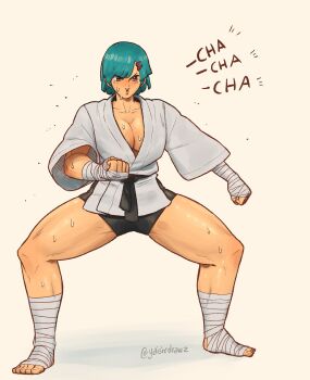 1girl aqua_hair bandaged_foot bandaged_hand bandages barefoot breasts cleavage clenched_hands commentary english_commentary highres japanese_clothes large_breasts orange_eyes original serious short_hair shorts signature simple_background solo sound_effects spread_legs standing sweat thighs training yaisirdrawz