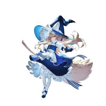 1girl alternate_color blonde_hair blue_bow blue_gloves blue_hat blue_shoes blue_skirt blue_vest bow braid broom closed_mouth fingerless_gloves frilled_skirt frills full_body game_cg gloves hair_bow hat hat_bow highres holding holding_broom kirisame_marisa long_hair looking_at_viewer mary_janes non-web_source official_art pantyhose partially_fingerless_gloves petticoat second-party_source shoes side_braid single_braid skirt smile solo touhou touhou_gensou_eclipse transparent_background u_u_zan vest white_bow white_pantyhose witch_hat yellow_eyes