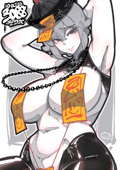 1girl absurdres armpits arms_behind_head artist_name bead_necklace beads black_hat black_hiphighs breasts commentary cowboy_shot crossed_bangs double-parted_bangs english_commentary grey_eyes grey_hair hair_between_eyes hat highres hiphighs jewelry jiangshi_costume jrpencil large_breasts looking_at_viewer navel necklace ofuda ofuda_on_head ofuda_on_nipples original parted_lips pasties qingdai_guanmao short_hair smile solo