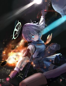 Rule 34 | 1girl, absurdres, blue archive, blue eyes, blue serafuku, breasts, city lights, fire, from above, gloves, green halo, gun, halo, hanging on, highres, hira15623, lahti-saloranta m/26, light machine gun, light rays, long sleeves, looking down, machine gun, neckerchief, night, saki (blue archive), school uniform, serafuku, short hair, skirt, solo, tactical school uniform, weapon, yellow neckerchief