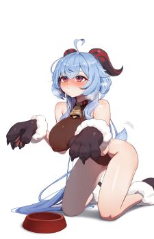 Rule 34 | 1girl, absurdres, ahoge, alternate breast size, animal collar, animal hands, bare shoulders, bell, blush, bowl, breasts, collar, ganyu (genshin impact), genshin impact, gloves, hair between eyes, highres, horns, human dog, keureu (tiqkdtiqkd10), kneeling, large breasts, leotard, long hair, neck bell, paw gloves, paw pose, paw shoes, pet bowl, pet play, sidelocks, simple background, tail, white background