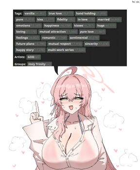 1girl absurdres ahoge bikini bikini_under_clothes blue_archive blush bow braid breasts english_text green_eyes hair_between_eyes hair_bow hanako_(blue_archive) hanako_(swimsuit)_(blue_archive) heart highres huge_breasts index_finger_raised kai_xin long_sleeves nhentai nose_blush official_alternate_costume oversized_clothes oversized_shirt pink_bikini pink_hair see-through_clothes see-through_shirt shirt solo speech_bubble swimsuit wet wet_clothes wet_shirt white_bow white_shirt