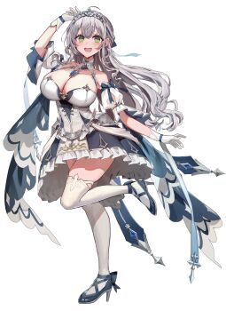 1girl absurdres ahoge blue_shoes blush breasts commentary_request dress gloves green_eyes grey_hair high_heels highres hololive large_breasts long_hair looking_at_viewer open_mouth rum_raisin_(chihiromakita19) shirogane_noel shirogane_noel_(princess_knight) shoes smile solo thighhighs virtual_youtuber white_background white_dress white_gloves white_thighhighs