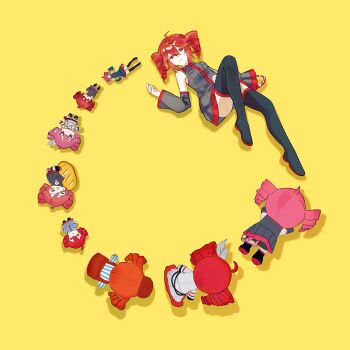 Rule 34 | artist request, baguette, bread, buttons, closed mouth, commentary request, detached sleeves, drill hair, face down, figure, food, highres, kasane teto, kasane teto (sv), kasane teto (utau), light smile, long sleeves, lying, mesmerizer (vocaloid), off shoulder, red eyes, red hair, shirt, skirt, sleeveless, sleeveless shirt, smile, stuffed toy, synthesizer v, thighhighs, twin drills, utau