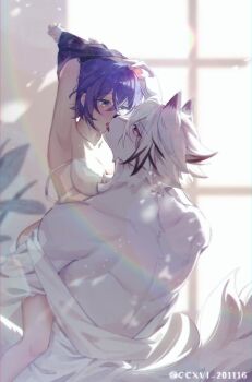 1boy 1girl belle_(zenless_zone_zero) blue_eyes body_fur bra ccxvi_201116 commentary eye_contact from_behind furry furry_male furry_with_non-furry hetero highres indoors interspecies looking_at_another purple_hair red_eyes shirt short_hair sunlight tail toned toned_male underwear von_lycaon white_fur white_hair white_shirt window wolf zenless_zone_zero