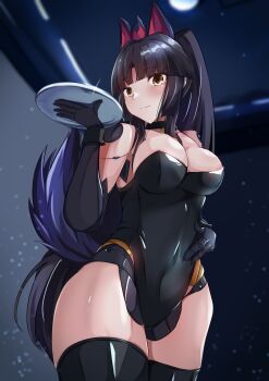 1girl absurdres animal_ears black_hair black_thighhighs breasts cleavage elbow_gloves fate/grand_order fate_(series) fox_ears gloves highres holding holding_tray joints katou_danzou_(fate) large_breasts littlesnow33 long_hair mechanical_arms mechanical_legs nontraditional_playboy_bunny playboy_bunny robot_girl robot_joints tail thighhighs tray