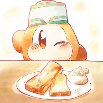 blush cafe-staff_waddle_dee commentary_request food hat highres kirby_(series) kirby_and_the_forgotten_land mirekurage_(grkkdrm3) nintendo no_humans no_mouth one_eye_closed plate solo waddle_dee white_hat