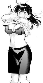 1girl absurdres blush breasts camisole character_request check_character check_copyright cleavage clothes_lift commentary_request copyright_request feet_out_of_frame greyscale grimace hajimete_no_ojou-sama highres large_breasts lifting_own_clothes long_hair midriff mole mole_under_eye monochrome navel ojou_kotone orange_lili skirt solo sound_effects standing sweatdrop sweater sweater_lift undressing