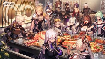 6+girls aether_gazer ahoge black_gloves black_hat blonde_hair blue_eyes breasts brown_hair cake card character_request cleavage cleavage_cutout closed_mouth clothing_cutout copyright_name copyright_notice cup cupcake drinking_glass food fork fruit fur-trimmed_jacket fur_trim glasses gloves goggles grey_hair hair_over_one_eye hat highres holding holding_card holding_cup holding_fork holding_tongs jacket long_hair multiple_girls nakanishi_tatsuya necktie pizza plant purple_hair purple_necktie red_eyes ski_goggles strawberry table tongs white_gloves white_hair white_jacket yostar