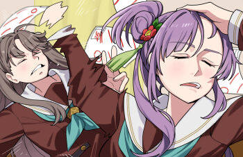 2girls aqua_neckerchief brown_dress brown_hair clenched_teeth closed_eyes commentary dress flower fujishima_megumi goldluck hair_bun hair_flower hair_ornament hand_on_own_head hasu_no_sora_school_uniform highres jujutsu_kaisen link!_like!_love_live! long_hair long_sleeves love_live! meme multiple_girls naoya_hitting_choso_without_looking_(meme) neckerchief otomune_kozue parody purple_hair red_flower sailor_collar sailor_dress school_uniform side_ponytail sidelocks single_side_bun smear_frame symbol-only_commentary tassel tassel_hair_ornament teeth test_score virtual_youtuber white_sailor_collar winter_uniform