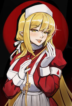 apron armband blonde_hair dress fangs glint gloves hair_over_shoulder hair_ribbon hat high_collar highres holding intravenous_drip kiss-shot_acerola-orion_heart-under-blade light_blush lips long_hair long_sleeves mature_female monogatari_(series) narrowed_eyes nurse nurse_cap open_mouth oshino_shinobu pointy_ears polo_dress puffy_long_sleeves puffy_sleeves red_background red_dress ribbon ricman_rt sleeve_cuffs slit_pupils spotlight teeth upper_body upper_teeth_only very_long_hair white_apron white_gloves white_ribbon