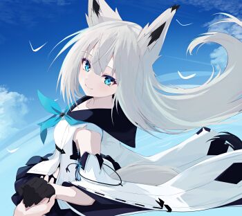 1girl animal_ears azur_lane bare_shoulders black_gloves blue_eyes blue_neckerchief blue_sailor_collar fox_ears fox_girl gloves grey_hair hair_between_eyes highres kawakaze_(azur_lane) natsuki_(natsu_1936) neckerchief sailor_collar shirt solo white_shirt