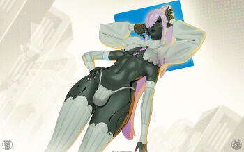 1girl artist_name breasts bulge closed_mouth commentary cowboy_shot dark-skinned_female dark_elf dark_skin dated elf english_commentary extra_arms futanari hair_over_one_eye hand_on_own_hip highres long_hair long_pointy_ears long_sleeves one_eye_covered original pointy_ears ponytail puffy_long_sleeves puffy_sleeves ralamian solo themaestronoob very_long_hair