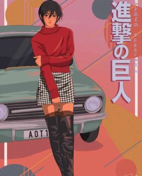1girl black_eyes black_hair car japanese_text long_boots mikasa_ackerman motor_vehicle red_shirt shingeki_no_kyojin shirt short_hair skirt tomboy