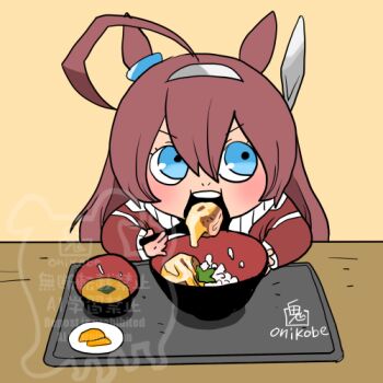 Rule 34 | 1girl, ahoge, blue eyes, blush, bowl, brown hair, commentary request, ear covers, eating, food, grey hairband, gyuudon, hair between eyes, hairband, horse girl, huge ahoge, long hair, looking to the side, lowres, meat, mihono bourbon (umamusume), onikobe rin, open mouth, rice, simple background, single ear cover, solo, umamusume, upper body, watermark, yellow background