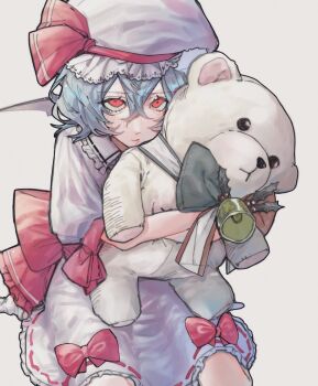 1girl bat_wings bell blue_hair bow commentary_request frilled_shirt_collar frills hair_between_eyes hat hat_ribbon highres holding holding_stuffed_toy looking_at_viewer mob_cap moimoi_(moimoihituji) pink_hat pink_shirt puffy_short_sleeves puffy_sleeves red_bow red_eyes red_ribbon remilia_scarlet ribbon shirt short_hair short_sleeves simple_background sitting skirt skirt_set solo stuffed_animal stuffed_toy touhou white_background wings