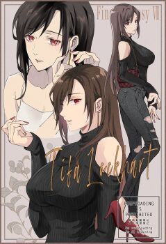 1girl adjusting_earrings alternate_costume bag bare_shoulders black_sweater breasts camisole casual character_name clothing_cutout collarbone commentary_request copyright_name denim earrings final_fantasy final_fantasy_vii floral_background full_body gold_earrings grey_pants hair_behind_ear high_heels highres jeans jewelry large_breasts long_sleeves multiple_views nail_polish pants parted_lips quichi_91 red_eyes red_nails red_shoes ribbed_sweater shoes shoulder_bag shoulder_cutout spaghetti_strap sweater swept_bangs tifa_lockhart torn_clothes torn_jeans torn_pants turtleneck turtleneck_sweater upper_body white_camisole