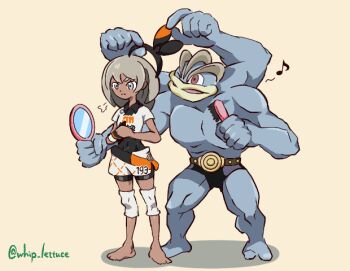 1girl bea_(pokemon) belt black_bodysuit black_hairband bodysuit brown_eyes closed_mouth commentary_request covered_navel dark-skinned_female dark_skin extra_arms eyelashes gen_1_pokemon grey_eyes grey_hair hair_brush hairband holding holding_brush holding_hairband holding_mirror knee_pads machamp medium_hair mirror muscular musical_note nintendo one_eye_closed open_mouth pokemon pokemon_(creature) pokemon_swsh shirt shorts simple_background toned toned_female twitter_username unworn_hairband whip_lettuce white_shirt white_shorts