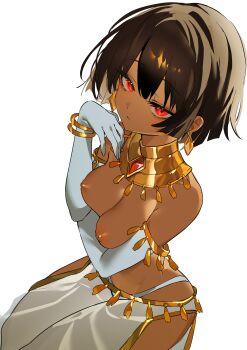 1girl absurdres ancient_egyptian_clothes arm_under_breasts bob_cut bracelet breasts brown_hair cleavage closed_mouth commentary dark-skinned_female dark_skin earrings english_commentary expressionless eyebrows_hidden_by_hair from_above from_side gloves halterneck harem_outfit highres jewelry looking_at_viewer medium_breasts panties rana_(original_character) red_eyes short_hair sideboob simple_background solo topless_female underwear white_background white_gloves white_panties woppuru