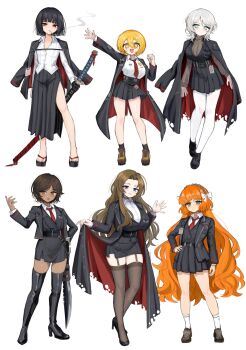 6+girls adapted_costume black_boots black_coat blue_eyes boots bow breasts brown_hairband brown_sweater brown_thighhighs cleavage coat coat_on_shoulders collared_shirt don_quixote_(project_moon) faust_(project_moon) flat_chest full_body garter_straps hair_bow hair_intakes hairband highres ishmael_(project_moon) large_breasts limbus_company long_hair long_skirt multiple_girls orange_hair outis_(project_moon) pantyhose pencil_skirt pleated_skirt project_moon ribbed_sweater ro/ku rodion_(project_moon) ryoshu_(project_moon) shirt short_hair side_slit sidelocks skirt sweater thigh_boots thighhighs very_long_hair white_bow white_hair white_pantyhose white_shirt