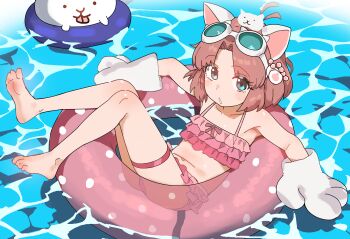 1girl absurdres animal_ears animal_hands antenna_hair aqua_eyes bare_shoulders barefoot bikini blush_stickers brown_hair cat_(nyanko_daisensou) cat_ears cat_tail caustics ebora feet flat_chest frilled_bikini frills full_body gloves goggles goggles_on_head highres innertube loli looking_at_viewer moneko_(nyanko_daisensou) navel nyanko_daisensou open_mouth parted_bangs paw_gloves pink_bikini short_hair solo swim_ring swimsuit tail thigh_strap toes water