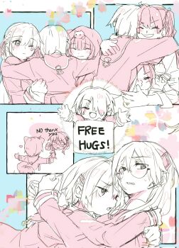 6+girls aikawa_megumi asakura_karen_(heaven_burns_red) commentary_request dometan0_0 english_text hair_ornament hairclip heaven_burns_red highres hug izumi_yuki kayamori_ruka kunimi_tama long_hair multiple_girls partially_colored short_hair team_31a_(heaven_burns_red) toujou_tsukasa