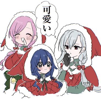3girls :d ^_^ bell black_gloves blue_hair blush bow braid capelet closed_eyes drooling eiai_nano fur-trimmed_capelet fur-trimmed_hood fur_trim gloves hair_between_eyes hair_bow hanazono_hahari hand_on_own_chin highres hood hood_up hooded_capelet kimi_no_koto_ga_dai_dai_dai_dai_daisuki_na_100-nin_no_kanojo kuchiha_chiru3 long_hair mole mole_under_eye multiple_girls open_mouth pink_hair red_bow red_capelet red_eyes santa_costume simple_background smile speech_bubble thought_bubble translated white_background white_hair yoshimoto_shizuka