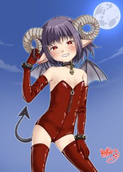 1girl ass bare_shoulders black_collar blue_sky blush breasts cloud collar collarbone commentary_request demon_girl demon_horns demon_tail demon_wings elbow_gloves full_moon gloves grey_wings grin hand_on_own_thigh hand_up head_tilt highres horns kumaneko_rococo leotard loli looking_at_viewer moon night night_sky original outdoors pointy_ears red_eyes red_gloves red_leotard red_thighhighs signature sky small_breasts smile solo spikes strapless strapless_leotard tail thighhighs wings