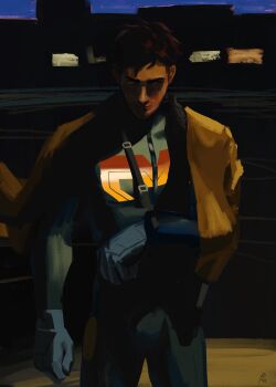 aethash arm_sling beard_stubble blue_gloves broken_arm brown_hair brown_jacket dispatch facial_hair gloves highres jacket notched_ear robert_robertson stubble superhero_costume