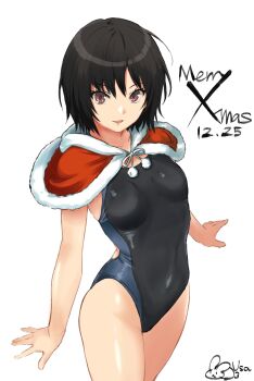 1girl absurdres adapted_costume amagami arms_at_sides black_hair black_one-piece_swimsuit blue_one-piece_swimsuit breasts brown_eyes capelet commentary_request competition_swimsuit cowboy_shot dated english_text fur-trimmed_capelet fur_trim highres looking_at_viewer merry_christmas nanasaki_ai one-piece_swimsuit parted_lips red_capelet short_hair signature simple_background small_breasts solo swimsuit two-tone_one-piece_swimsuit usagii! white_background