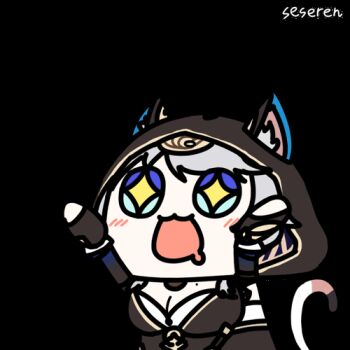 +_+ 1girl animal_ears animated animated_gif artist_name blue_eyes breasts cat_ears cat_girl cat_tail chinese_commentary cipher_(honkai:_star_rail) cleavage commentary_request drooling ears_through_headwear honkai:_star_rail honkai_(series) large_breasts lowres mouth_drool open_mouth seseren signature simple_background solo tail transparent_background