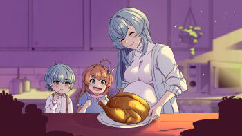 Rule 34 | 1boy, 2girls, ^ ^, absurdres, ahoge, alternate costume, animal ears, azur lane, big belly, blue eyes, blue hair, blurry, blurry background, blush, breasts, brother and sister, brown hair, buttons, canned sardines, cardigan, casual, clenched hands, closed eyes, closed mouth, collared shirt, commentary, cupboard, dark foreground, day, dress, english commentary, expressionless, fake animal ears, fang, fingernails, food, hair intakes, hair ornament, hanging plant, highres, indoors, jar, jewelry, kitchen, large breasts, leaf, light particles, long hair, long sleeves, microwave, mother and daughter, mother and son, multiple girls, new jersey (azur lane), open cardigan, open clothes, open mouth, pink dress, plant, plate, potted plant, pregnant, rabbit hair ornament, ring, second-party source, shirt, short hair, short sleeves, siblings, sidelocks, silhouette, smile, sunlight, suspenders, table, thanksgiving, turkey (food), twins, wedding ring, white cardigan, white shirt