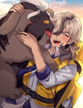 1boy :d absurdres affectionate arven_(pokemon) asada_sadao backpack bag blush brown_hair closed_eyes commentary_request eyelashes hair_over_one_eye heart highres holding holding_pokemon licking licking_another&#039;s_face long_hair mabosstiff male_focus necktie nintendo open_mouth outdoors pants pokemon pokemon_(creature) pokemon_sv shirt sky smile teeth three-quarter_sleeves tongue upper_teeth_only vest watermark yellow_bag yellow_vest