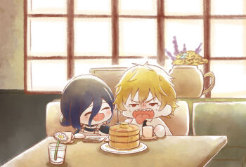1boy 1girl ^_^ bitter black_hair blonde_hair blush chainsaw_man chibi chibi_only closed_eyes commentary_request couch cup denji_(chainsaw_man) flower food gerbera hair_between_eyes hair_bun hetero highres indoors long_hair_between_eyes mug on_couch pancake pancake_stack poyohono1222 reze_(chainsaw_man) sharp_teeth single_side_bun sitting smile sweatdrop tears teeth tongue tongue_out white_flower