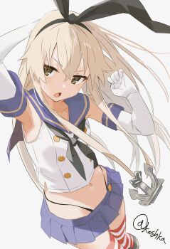 1girl anchor_hair_ornament arm_up black_neckerchief black_panties blonde_hair blue_sailor_collar blue_skirt brown_eyes commentary crop_top elbow_gloves gloves grey_background hair_ornament hairband highleg highleg_panties highres kantai_collection koshka_pic long_hair microskirt miniskirt neckerchief open_mouth panties pleated_skirt sailor_collar shimakaze_(kancolle) simple_background skirt solo striped_clothes striped_thighhighs thighhighs underwear white_gloves