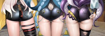 3girls absurdres adjusting_clothes adjusting_shorts ass black_leotard black_shorts black_thighhighs blue_hair braid braided_twintails commentary_request goat_girl goat_tail grey_hair highres leotard long_hair lucia_elowen monster_girl multiple_girls nail_polish purple_nails shorts tail tentacle_girl tentacles thighhighs thighs torn_clothes torn_thighhighs twintails yidhari_murphy yixuan_(zenless_zone_zero) zenless_zone_zero zhait007