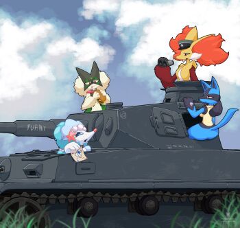 binoculars caterpillar_tracks cloud delphox food gen_4_pokemon gen_6_pokemon gen_7_pokemon gun hat highres lucario meowscarada military military_vehicle motor_vehicle nintendo panzer_iv peaked_cap pokemon primarina raz_dl sandwich sky tail tank tank_turret weapon