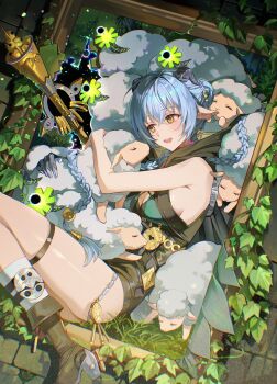 1girl black_boots blue_hair boots breasts cleavage commentary english_commentary hair_between_eyes high_heel_boots high_heels highres kneehighs long_hair looking_at_animal lucia_elowen lying open_mouth outdoors pointy_ears pong_(pong_o0) second-party_source sheep sideboob smile socks teeth thigh_strap thighs upper_teeth_only white_socks yellow_eyes zenless_zone_zero