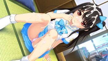 1girl adachi_tenka black_hair blue_bow blue_skirt bobby_socks bow censored closed_mouth collarbone cum cum_on_body cum_on_clothes cum_on_hair cum_on_legs dutch_angle facial flat_chest game_cg hair_bow highres indoors knees_up loli long_hair miniskirt mosaic_censoring no_shoes non-web_source nonohara_miki one_side_up panties pink_panties pleated_skirt red_eyes sailor_collar sailor_shirt shirt shirt_bow short_sleeves shoujo_ramune sitting skirt socks solo tatami underwear white_sailor_collar white_socks