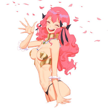 1girl :d arm_strap armor bare_shoulders bikini_armor black_panties black_ribbon breasts closed_eyes collar commentary curly_hair detached_collar english_commentary facing_viewer falling_petals flower frilled_collar frilled_straps frills hair_flower hair_ornament hair_ribbon hand_up highres hip_bones long_hair medium_breasts metal_collar navel open_mouth original panties petals pink_hair ribbon ribs simple_background smile solo teeth tongue tongue_out underwear upper_teeth_only waving white_background wonbin_lee