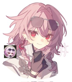 1girl black_gloves braid closed_mouth coat corrupted_twitter_file cropped_shoulders earrings evernight_(honkai:_star_rail) evernight_(lurking)_(honkai:_star_rail) eyewear_on_head gloves hair_between_eyes highres holding holding_walkie-talkie honkai:_star_rail honkai_(series) jewelry long_hair looking_at_viewer march_7th_(honkai:_star_rail) official_alternate_costume pink_hair red_eyes reference_inset reido_0723 simple_background single_earring smile solo sunglasses twin_braids walkie-talkie white_background white_coat