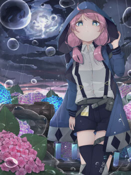 1girl absurdres arknights black_shorts blue_eyes blue_jacket blue_poison_(arknights) bright_pupils collared_shirt commentary_request highres hood hood_up hooded_jacket horizontal_pupils jacket kakakaeru long_hair long_sleeves looking_at_viewer moon night night_sky outdoors pink_hair rain shirt shorts sky solo twintails white_pupils white_shirt