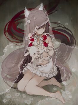 1girl absurdly_long_hair animal baby_animal bare_shoulders black_hair closed_eyes columbina_(genshin_impact) dress eye_mask feathered_wings genshin_impact head_wings highres holding holding_animal kingyo_(nyankomanjyuu15) lamb long_hair mask multicolored_hair off-shoulder_dress off_shoulder pink_hair see-through_clothes see-through_veil sheep sitting solo veil very_long_hair very_long_veil white_dress white_wings wings yokozuwari