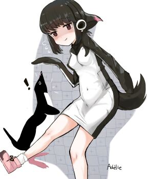 1girl adelie_penguin_(kemono_friends) animal bird black_hair brown_eyes dress gloves headphones highres kemono_friends llb looking_at_viewer multicolored_hair penguin penguin_girl penguin_tail shoes short_hair simple_background skirt socks streaked_hair sweat tail