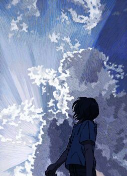 1other absurdres bad_id bad_twitter_id black_hair blue_sky cloud cloudy_sky cumulonimbus_cloud highres jimomommo light_rays looking_up medium_hair original scenery short_sleeves sky sky_focus solo sunlight