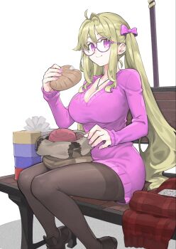 1girl ahoge bench black_pantyhose black_shoes blonde_hair borrowed_character bow bread breasts cleavage collarbone commission dress eating eyelashes food hair_between_eyes hair_bow hair_over_shoulder highres holding_bread impossible_clothes impossible_dress jewelry jun_(navigavi) large_breasts long_hair long_sleeves looking_at_viewer necklace no_pupils on_bench original pantyhose penny_loafers pink_bow pink_eyes pink_nails ring ring_necklace round_eyewear shoes sidelocks simple_background sitting skeb_commission sleeves_past_wrists solo sweater sweater_dress thighband_pantyhose twintails very_long_hair white_background