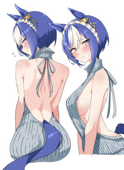 1girl absurdres alternate_costume animal_ears anok7456 ass back bare_back bare_shoulders blue_hair breasts cesario_(umamusume) closed_mouth commentary_request from_behind grey_sweater highres horse_ears horse_girl horse_tail looking_at_viewer medium_breasts multicolored_hair multiple_views purple_eyes short_hair sideboob simple_background streaked_hair sweater tail turtleneck turtleneck_sweater umamusume virgin_killer_sweater white_background white_hair