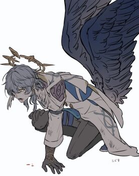 Rule 34 | 1boy, black gloves, black pants, blood, blood from mouth, coat, commentary request, feathered wings, gloves, grey hair, grey wings, halo, halo behind head, halo downfall, hand on own knee, head wings, highres, honkai: star rail, honkai (series), injury, kneeling, long sleeves, male focus, open mouth, pants, solo, sunday (honkai: star rail), white background, white coat, wings, yellow eyes