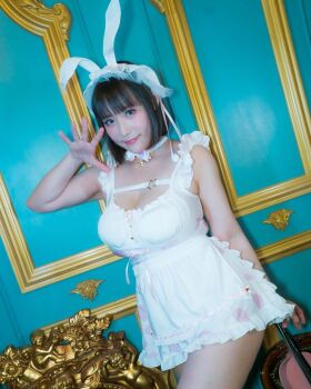 1girl breasts brown_eyes brown_hair collar dress fake_bunny_ears female_focus headband highres instrument large_breasts looking_at_viewer medium_hair model photo_(medium) real_life shibuya_kaho smile solo violin white_dress white_headband